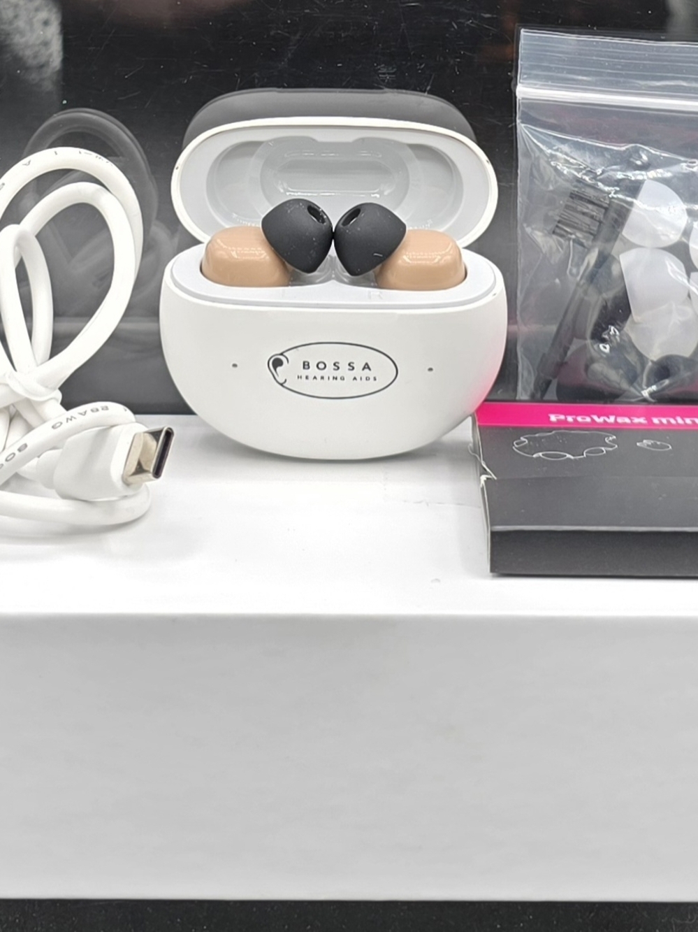 Boss True Wireless Earbud Hearing Aids - Beige with Black Tips